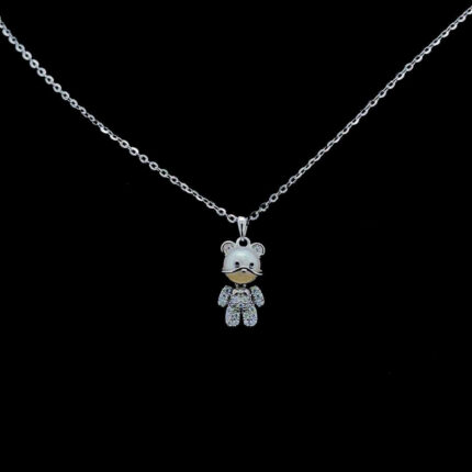 Zephyra 925 Sterling Silver Teddybear Pearl Pendant Necklace, Original Rhodium Plated, Swiss Zirconia Gift for Her