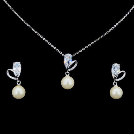 Zephyra 925 Sterling Silver Pearl Teardrop Pendant & Earrings Necklace, Original Rhodium Plated, Swiss Zirconia Gift for Her